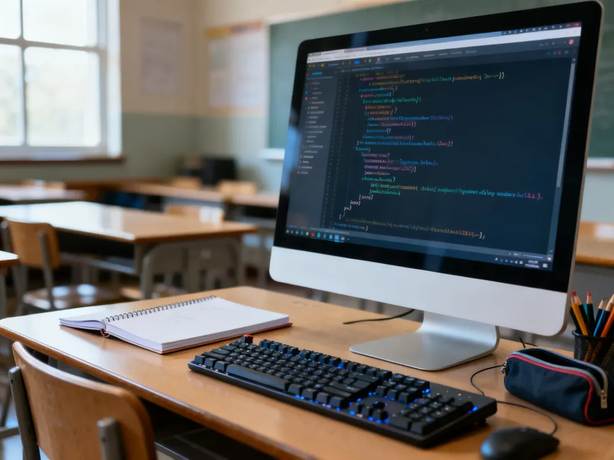 Nowoczesne stanowisko komputerowe z wyświetlonym kodem programistycznym w szkolnej pracowni informatycznej.