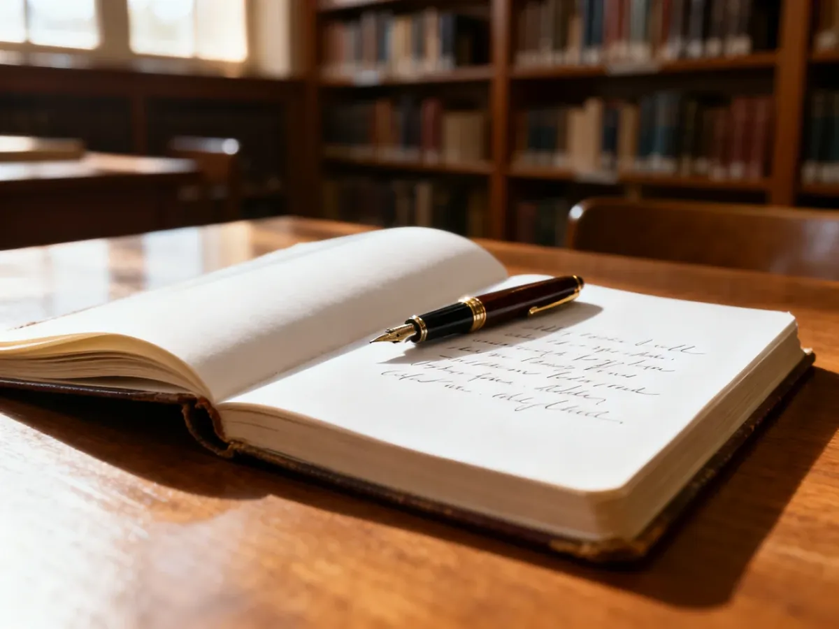 Otwarty notatnik z piórem na drewnianym biurku w bibliotece, tworzący atmosferę sprzyjającą nauce do matury.