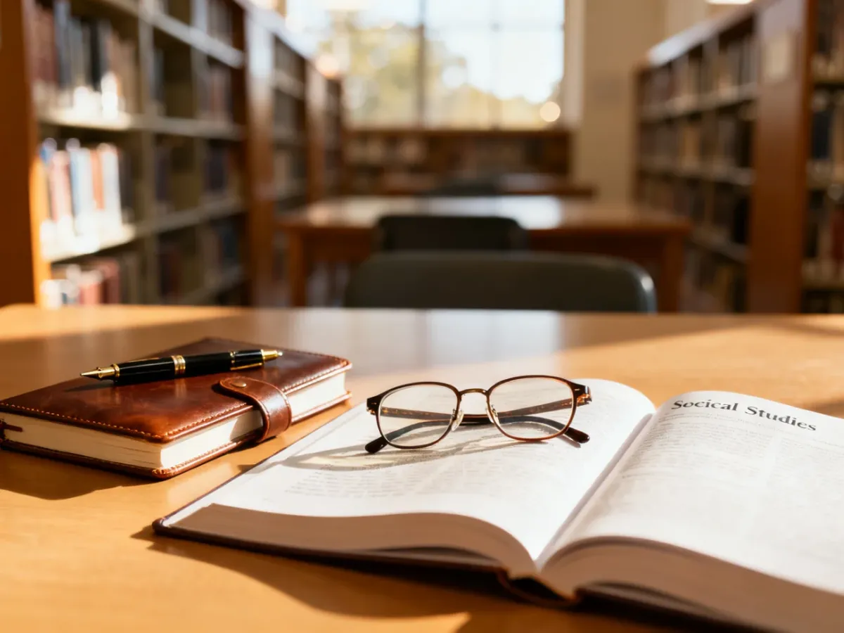 Uporządkowane biurko z podręcznikiem do wiedzy o społeczeństwie i przyborami do nauki w przyjaznej, bibliotecznej scenerii.