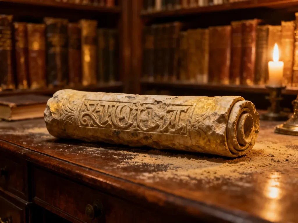 Starożytny kamienny zwój na drewnianym biurku w bibliotece, wprowadzający w historyczny klimat nauki do sprawdzianu.