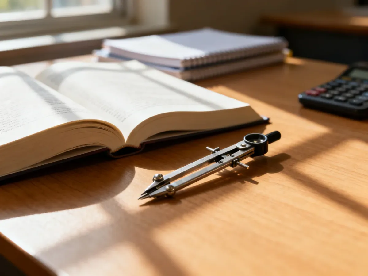 Otwarte podręczniki i przybory kreślarskie na biurku, symbolizujące naukę i planowanie ścieżki edukacyjnej.