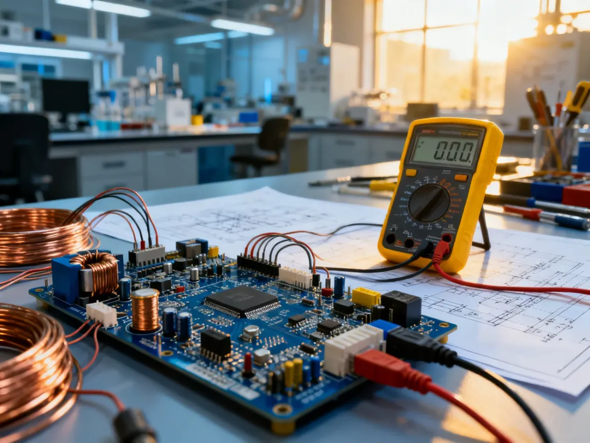 Profesjonalny warsztat elektryka z płytką drukowaną, przewodami i multimetrem podczas pracy nad układem elektronicznym.