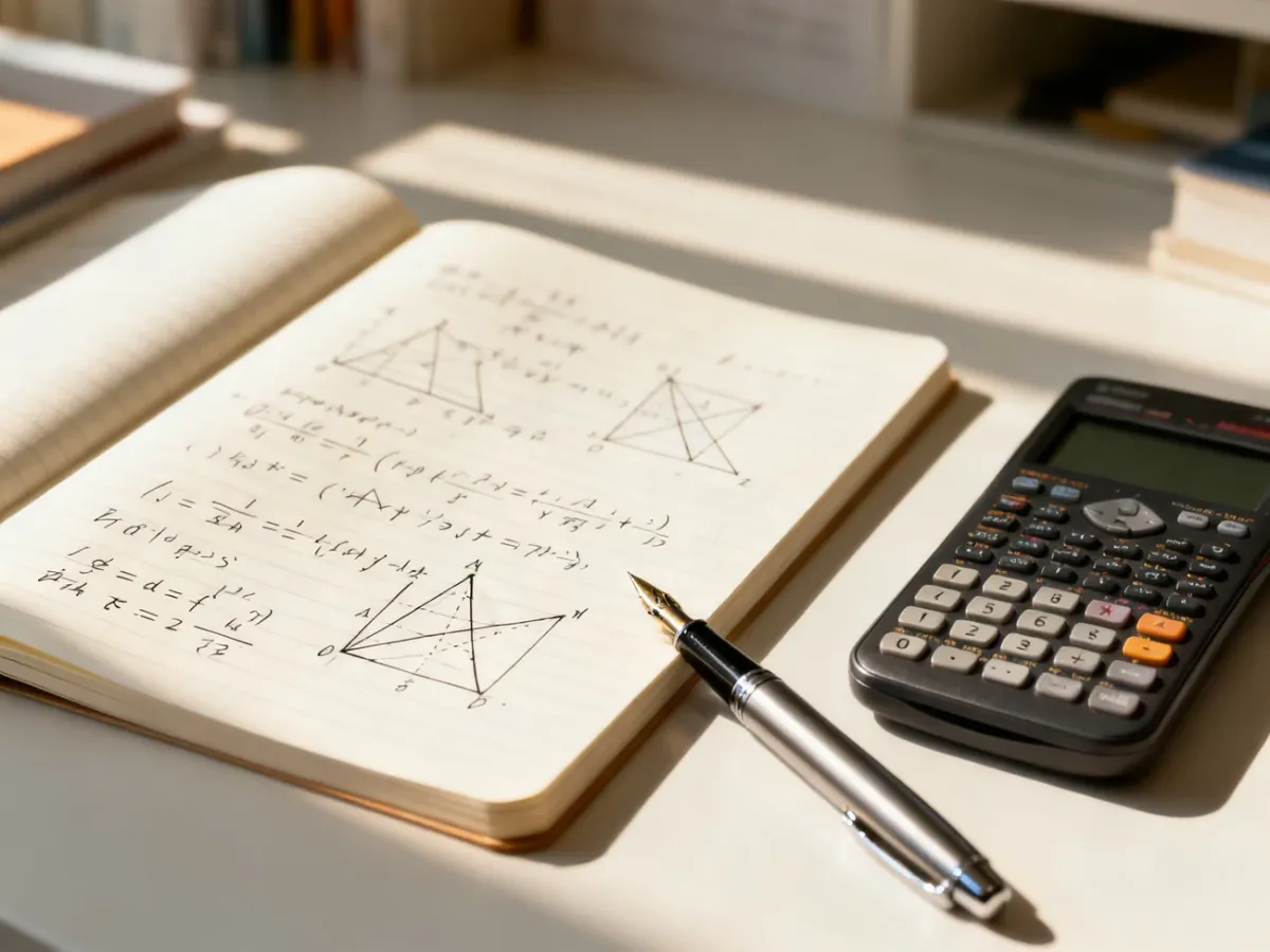 Otwarte zeszyty z zapisanymi wzorami matematycznymi, kalkulatorem i piórem na biurku, zachęcające do nauki w liceum.