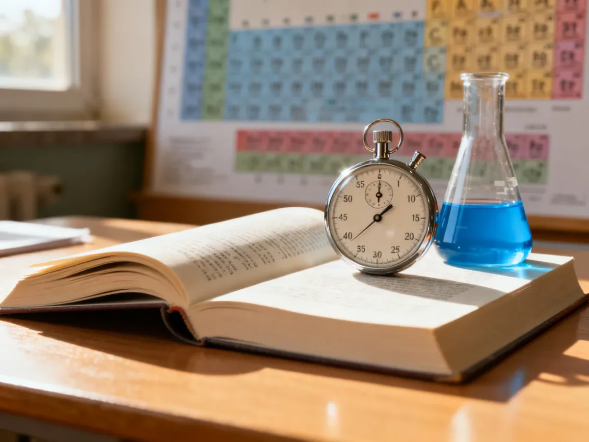 Otwarty podręcznik do chemii i stoper na drewnianym biurku, symbolizujące przygotowania do egzaminu maturalnego.