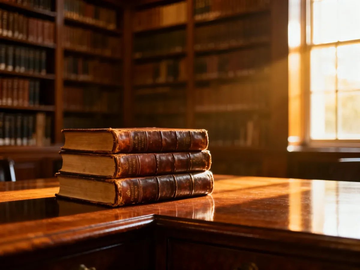 Stos zabytkowych książek w oprawie ze skóry na drewnianym biurku w zaciszu biblioteki, tworzący akademicki klimat.