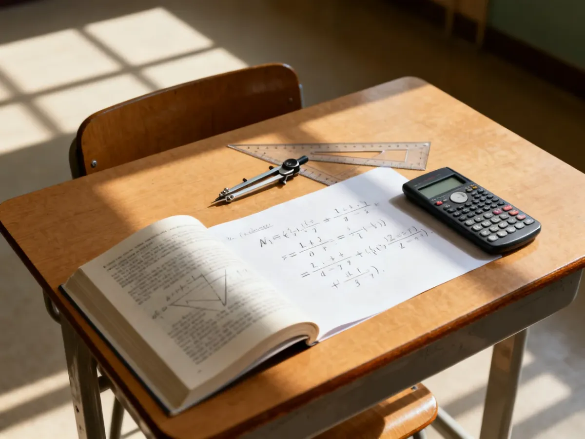 Otwarte podręczniki do matematyki, kalkulator i przybory geometryczne na szkolnej ławce w słonecznej klasie.