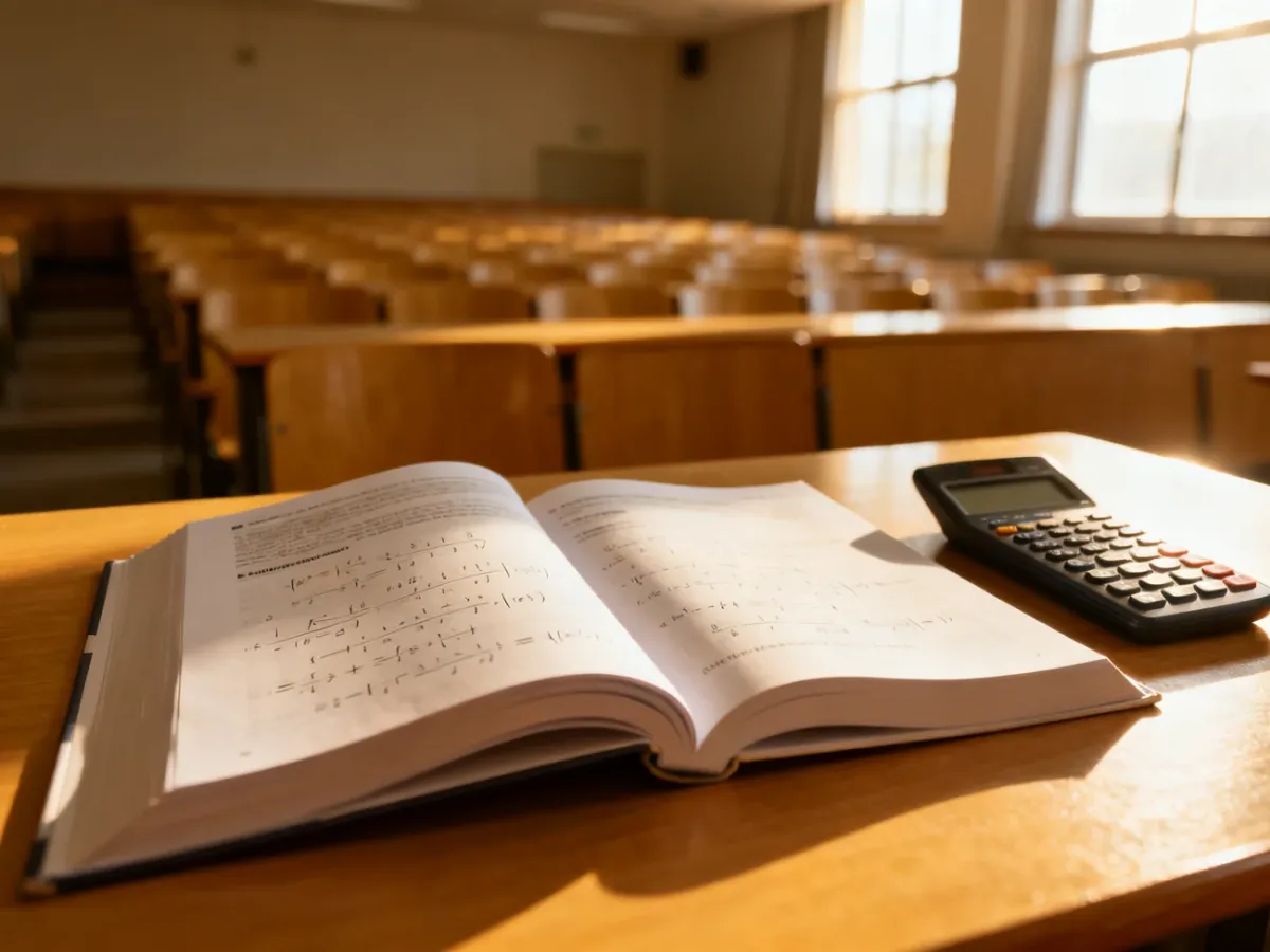 Otwarty notatnik z obliczeniami matematycznymi i kalkulator na drewnianym biurku w tle auli akademickiej.