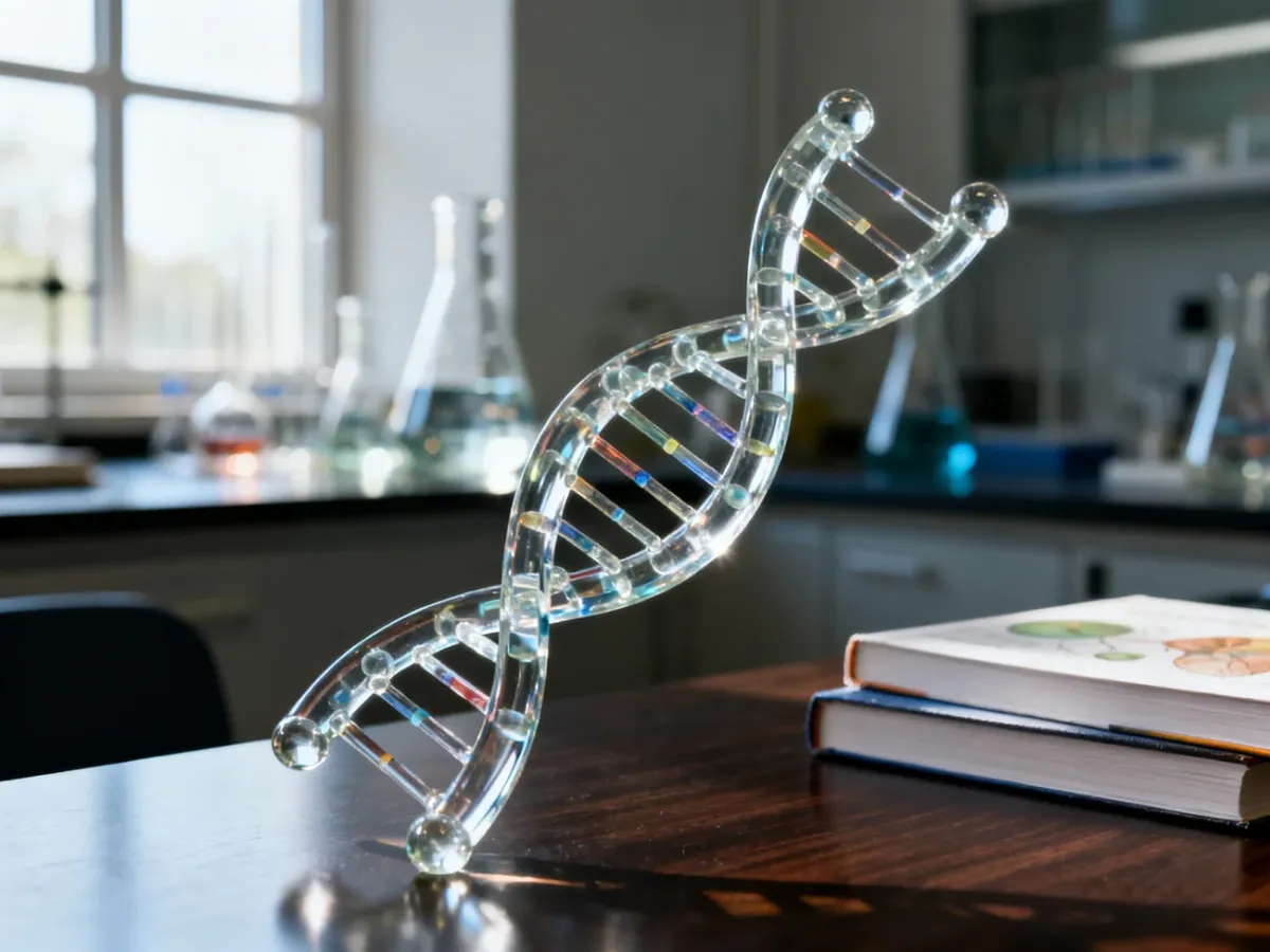 Szklany model podwójnej helisy DNA na laboratoryjnym stole, symbolizujący naukę biologii i genetykę.