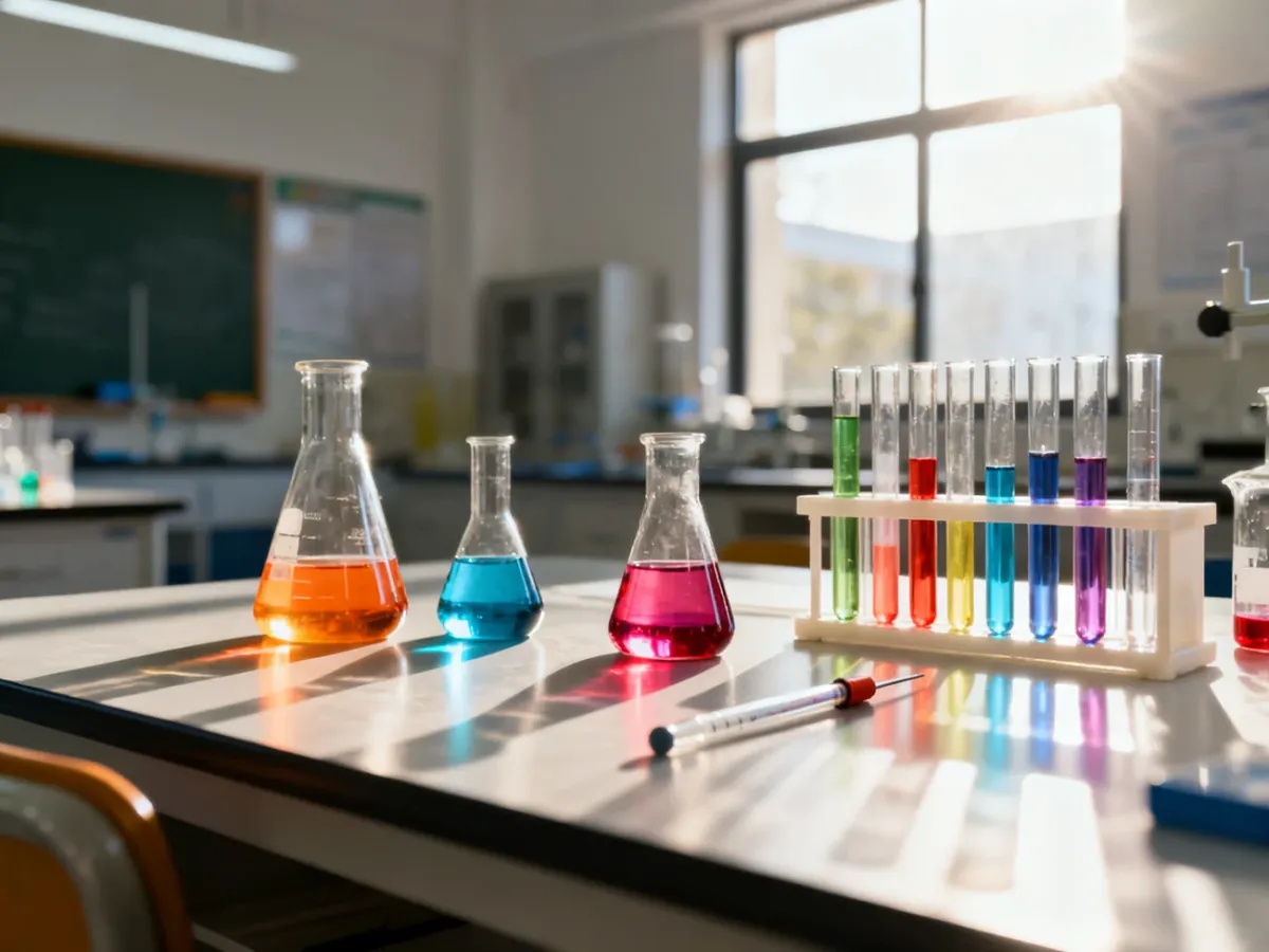 Profesjonalne stanowisko laboratoryjne z odczynnikami chemicznymi w szklanych naczyniach w szkolnym laboratorium.