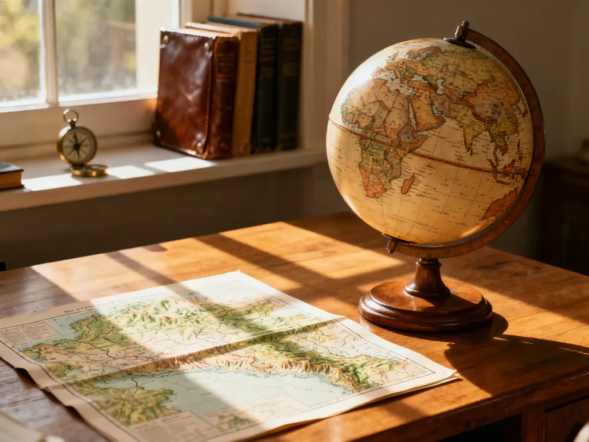 Zabytkowy globus i atlas topograficzny na drewnianym biurku, symbolizujące naukę geografii w domowym zaciszu.